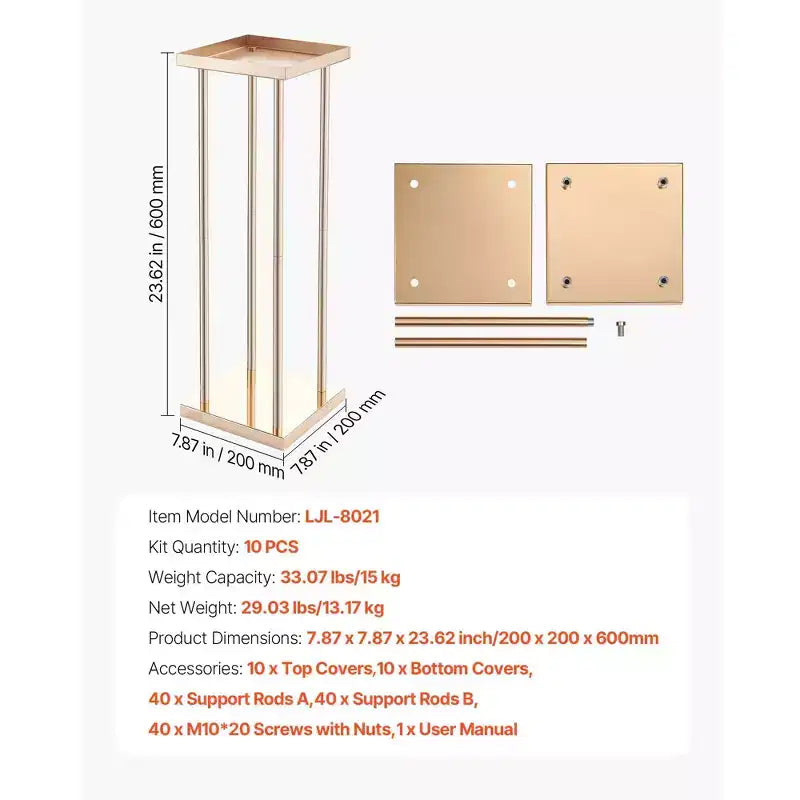 VEVOR Présentoir à fleurs de mariage, 10 colonnes de présentoir à fleurs 23,62 pouces, supports floraux avec plateau en métal, présentoir floral cylindrique cubique, Or