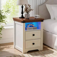 Table de chevet Homy Casa à 2 tiroirs, table d'appoint moderne avec station de charge et lumière LED, blanche