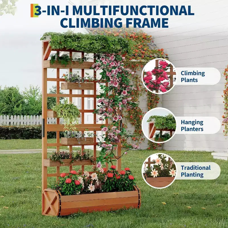 Jardinière surélevée haute de 67 po avec treillis et toit, en bois, pour plantes grimpantes, grande jardinière intérieure/extérieure pour légumes, herbes et fleurs