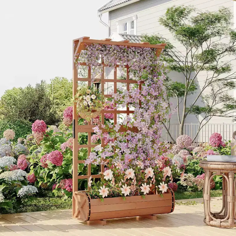 Jardinière surélevée haute de 67 po avec treillis et toit, en bois, pour plantes grimpantes, grande jardinière intérieure/extérieure pour légumes, herbes et fleurs