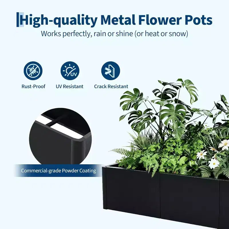 Carré potager surélevé en métal à base ouverte extra long, métal moderne, assemblage par clipsage sans outil, coins arrondis, base ouverte, trous de drainage, pour terrasse, balcon, jardin