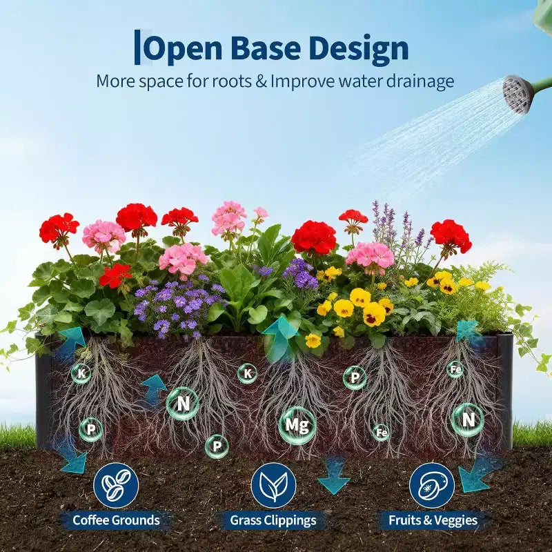 Carré potager surélevé en métal à base ouverte extra long, métal moderne, assemblage par clipsage sans outil, coins arrondis, base ouverte, trous de drainage, pour terrasse, balcon, jardin