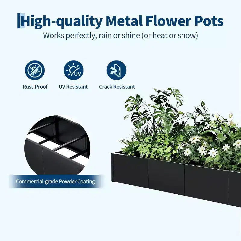 Carré potager surélevé en métal à base ouverte extra long, métal moderne, assemblage par clipsage sans outil, coins arrondis, base ouverte, trous de drainage, pour terrasse, balcon, jardin