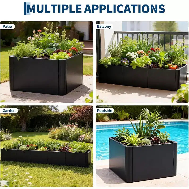 Carré potager surélevé en métal à base ouverte extra long, métal moderne, assemblage par clipsage sans outil, coins arrondis, base ouverte, trous de drainage, pour terrasse, balcon, jardin