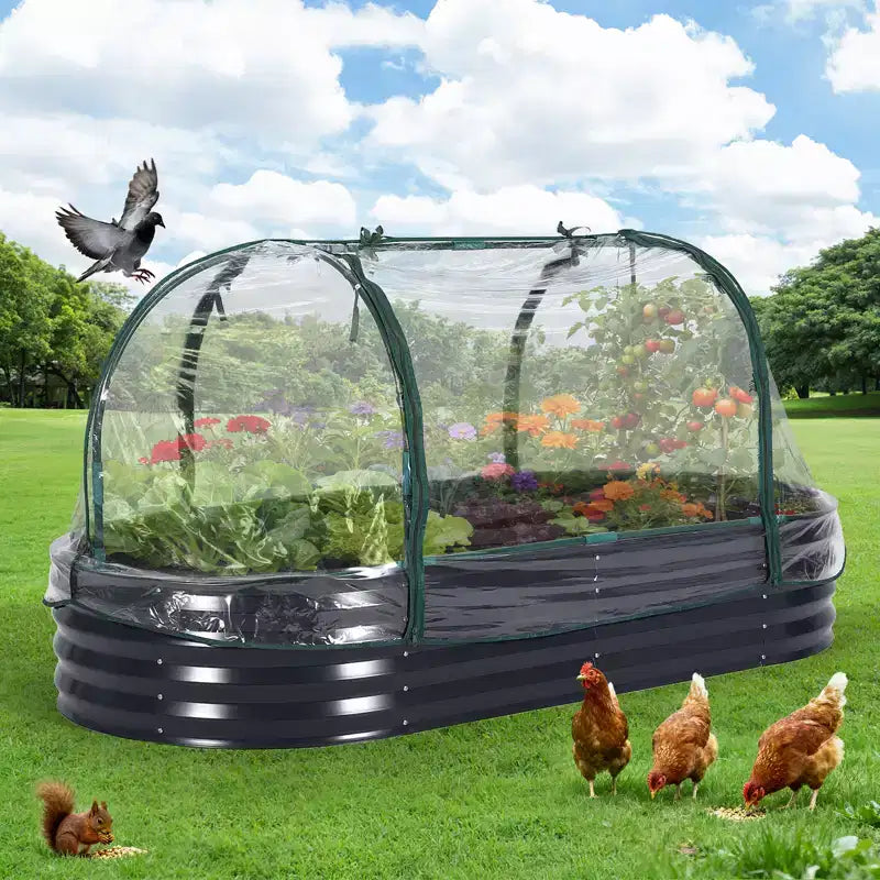 Acekool Carré potager surélevé ovale avec housse PVC zippée et base ouverte, jardinière en acier galvanisé pour terrasse et jardin