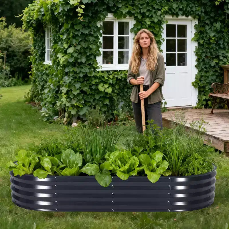 Acekool Carré potager surélevé ovale avec housse PVC zippée et base ouverte, jardinière en acier galvanisé pour terrasse et jardin