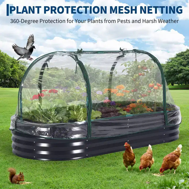 Acekool Carré potager surélevé ovale avec housse PVC zippée et base ouverte, jardinière en acier galvanisé pour terrasse et jardin