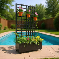 Jardinière mobile galvanisée noire Acekool avec treillis carré, roulettes et drainage pour terrasse, balcon ou jardin