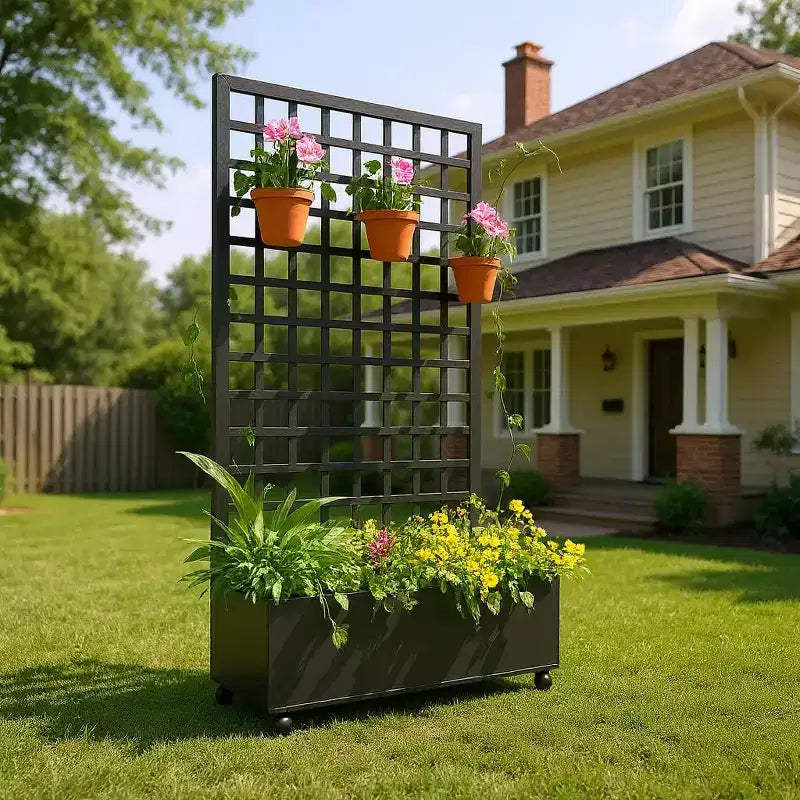 Jardinière mobile galvanisée noire Acekool avec treillis carré, roulettes et drainage pour terrasse, balcon ou jardin