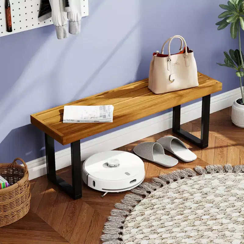 Costway Lot de 1/2 Banc 48 en bois d'acacia pour 2 personnes avec pieds en métal et patins réglables, pour entrée