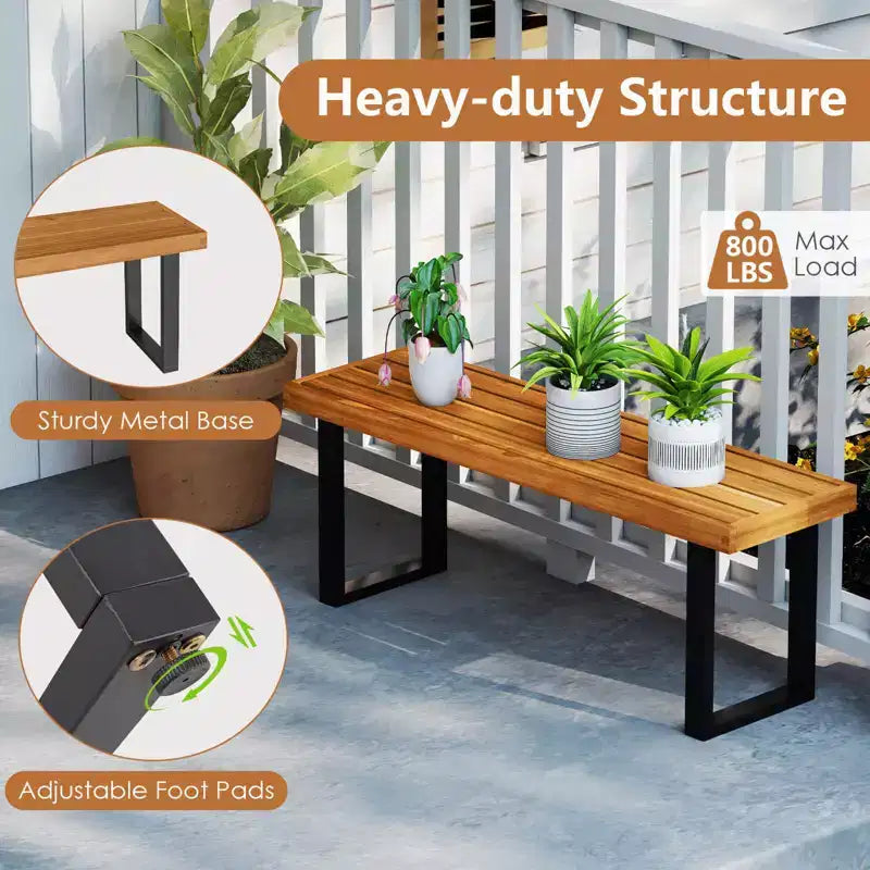 Costway Lot de 1/2 Banc 48 en bois d'acacia pour 2 personnes avec pieds en métal et patins réglables, pour entrée