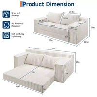 Canapé-lit convertible 2 en 1 75, canapé-lit sans structure avec 2 coussins, canapé escamotable pliable, causeuse, futon