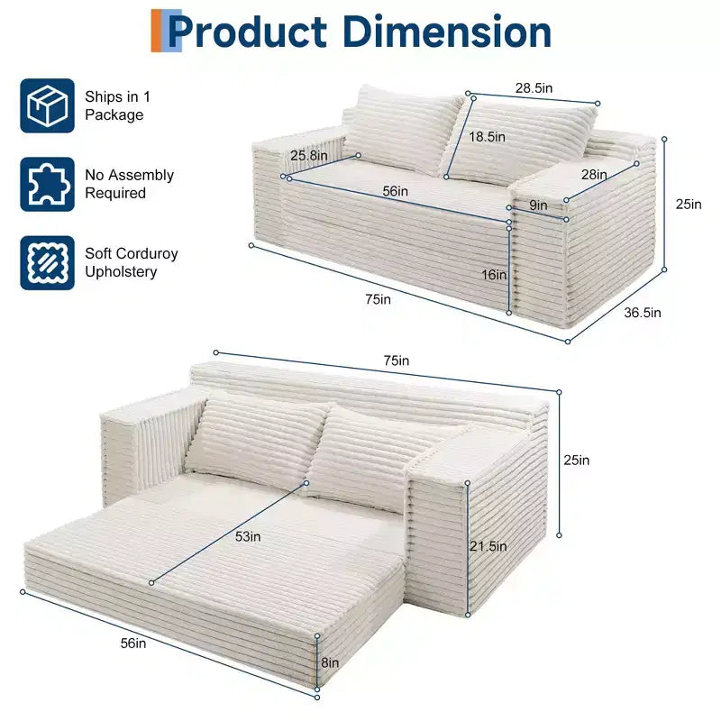 Canapé-lit convertible 2 en 1 75, canapé-lit sans structure avec 2 coussins, canapé escamotable pliable, causeuse, futon