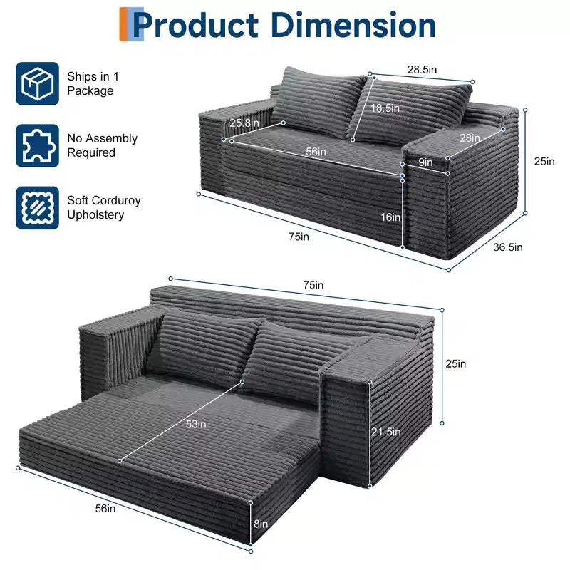 Canapé-lit convertible 2 en 1 75, canapé-lit sans structure avec 2 coussins, canapé escamotable pliable, causeuse, futon