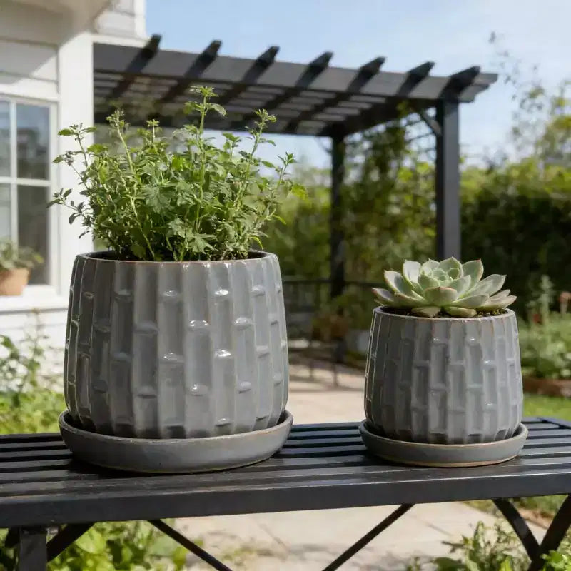 Lot de 2 jardinières en ceramique grises nervurees 5,71 x 5,31, pots de fleurs interieur/extérieur pour herbes, fleurs et plantes grasses