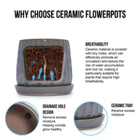 Lot de 2 jardinières en ceramique grises nervurees 5,71 x 5,31, pots de fleurs interieur/extérieur pour herbes, fleurs et plantes grasses