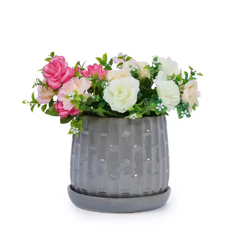 Lot de 2 jardinières en ceramique grises nervurees 5,71 x 5,31, pots de fleurs interieur/extérieur pour herbes, fleurs et plantes grasses