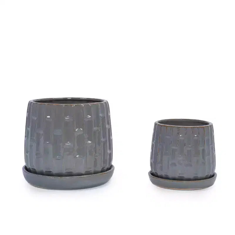 Lot de 2 pots de fleurs en céramique nervurée gris, 14,5 x 13,5 cm, pour l'intérieur et l'extérieur, pour herbes, fleurs et plantes grasses