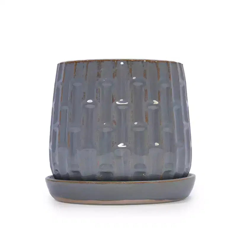 Lot de 2 jardinières en ceramique grises nervurees 5,71 x 5,31, pots de fleurs interieur/extérieur pour herbes, fleurs et plantes grasses