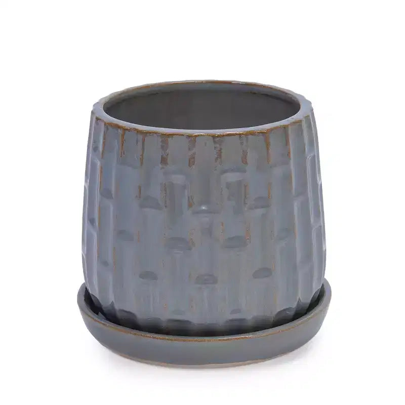 Lot de 2 jardinières en ceramique grises nervurees 5,71 x 5,31, pots de fleurs interieur/extérieur pour herbes, fleurs et plantes grasses