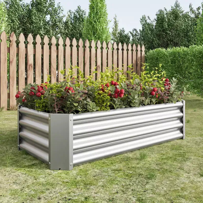 Carré potager surélevé en métal argenté 4 x 2 x 1 pour légumes, herbes et fleurs pour patio, balcon, porche, entrée, étagère de présentation