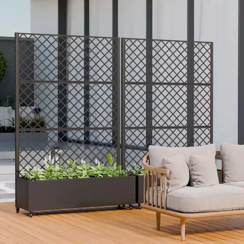 Jardinière à treillis avec écran d'intimité en métal et carré potager surélevé, jardinière sur pied avec écran d'intimité, roulettes verrouillables, jardinière mobile d'intérieur et d'extérieur