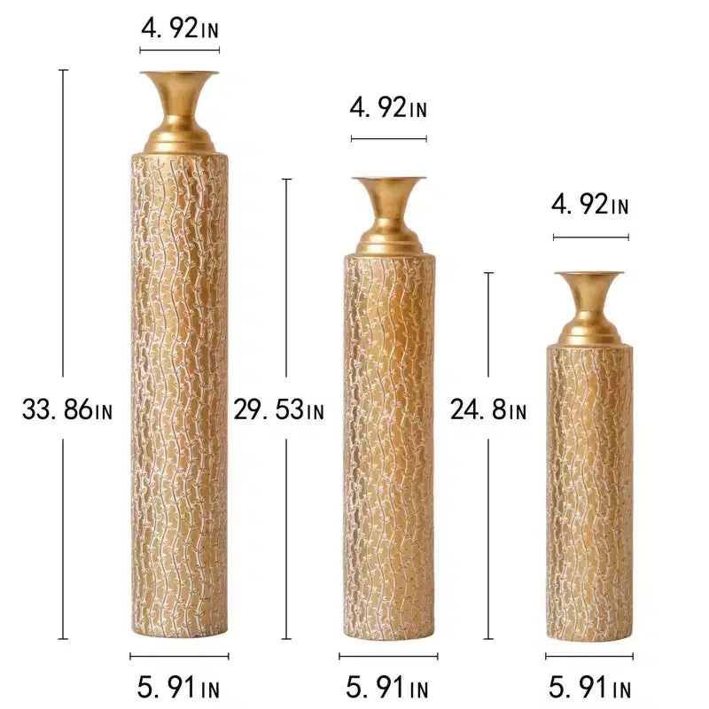NAYSAYE Vases Décoratifs en Métal 3 Pièces, Motif Vigne Vieilli pour Centres de Table Élégants, Or Antique, 21.02*7.99*35.98