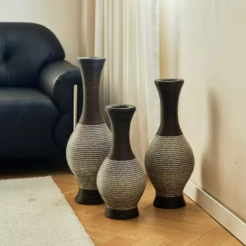 NAYSAYE Lot de 3 vases tissés à la main, élégants décorations de table et sur pied pour un style intérieur classique et moderne, marron et blanc, 22.16*10.51*29.86