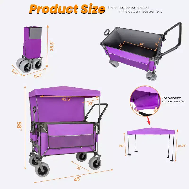 Chariot pousser-tirer multifonctionnel avec auvent et pneus de plage 9x4, poignée rotative, capacité 480 lbs 300L