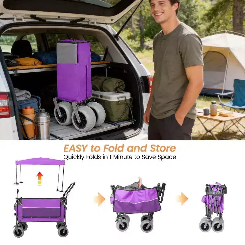 Chariot pousser-tirer multifonctionnel avec auvent et pneus de plage 9x4, poignée rotative, capacité 480 lbs 300L