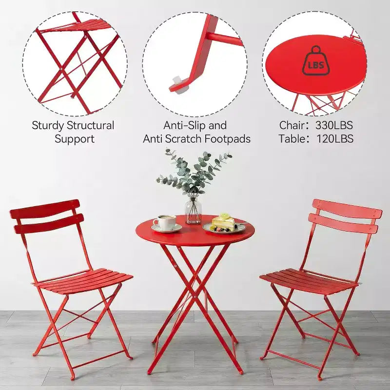 GustoWave Ensemble bistrot pliable 3 pièces en métal avec table ronde et 2 chaises