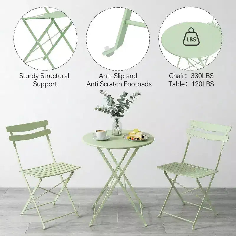 GustoWave Ensemble bistrot pliable 3 pièces en métal avec table ronde et 2 chaises