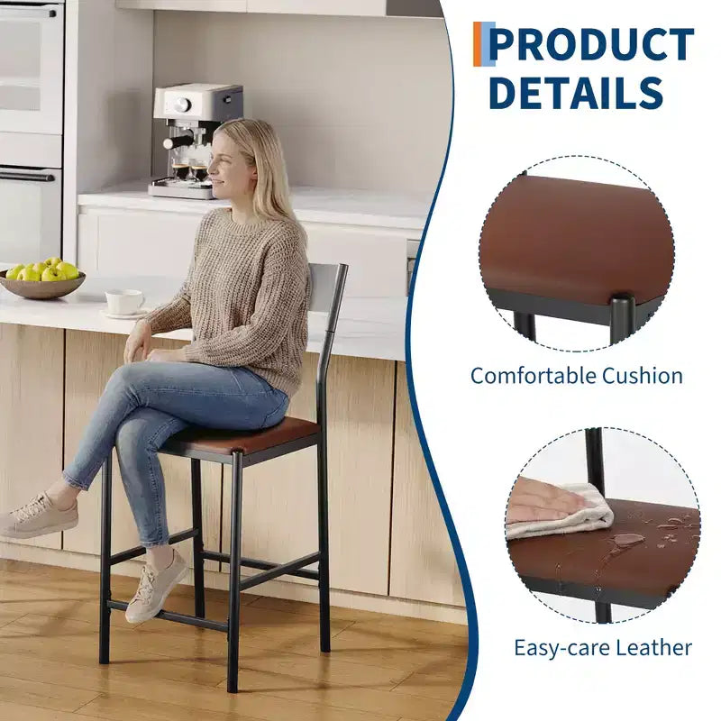 Tabourets de bar modernes en similicuir PU, hauteur comptoir 24 po, dossier incurvé et repose-pied, rembourrés, capacité 300 lb pour bureau à domicile