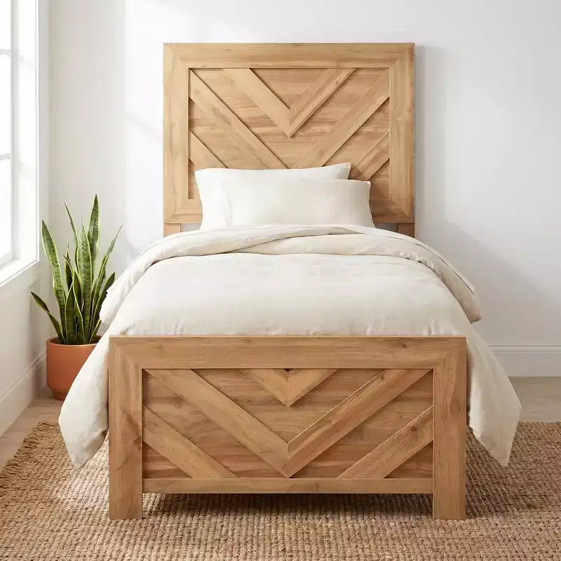 GDFStudio Hudson - Cadre de lit à panneaux en bois rustique avec tête et pied de lit à motif chevron