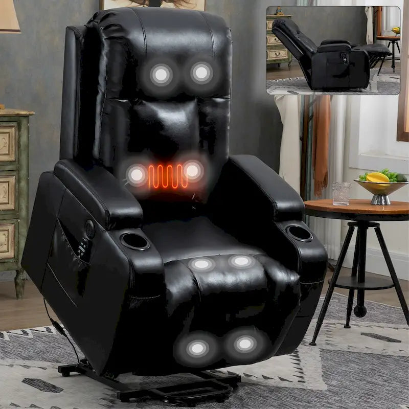 Fauteuil inclinable releveur en similicuir noir, 8 points de massage, chauffant, USB