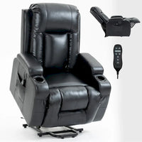 Fauteuil inclinable releveur en similicuir noir, 8 points de massage, chauffant, USB