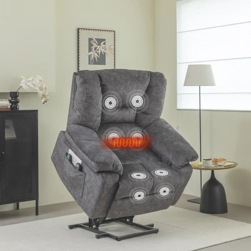 Fauteuil releveur électrique surdimensionné en velours avec massage, chauffage et poches