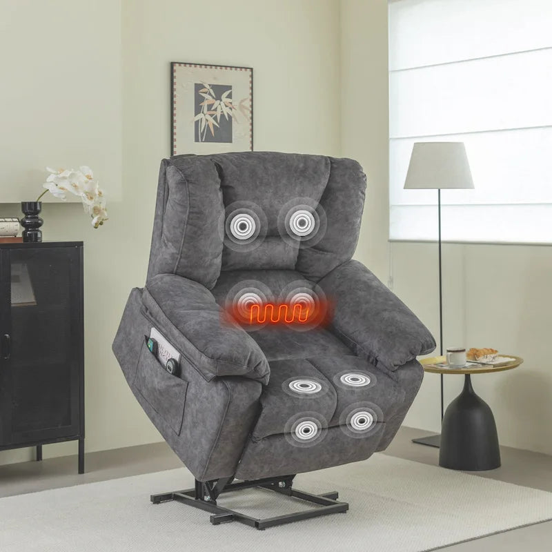 Fauteuil releveur électrique surdimensionné en velours avec massage, chauffage et poches