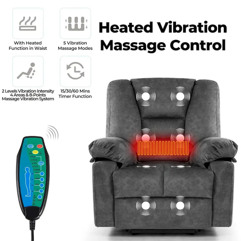 Fauteuil releveur électrique surdimensionné en velours avec massage, chauffage et poches