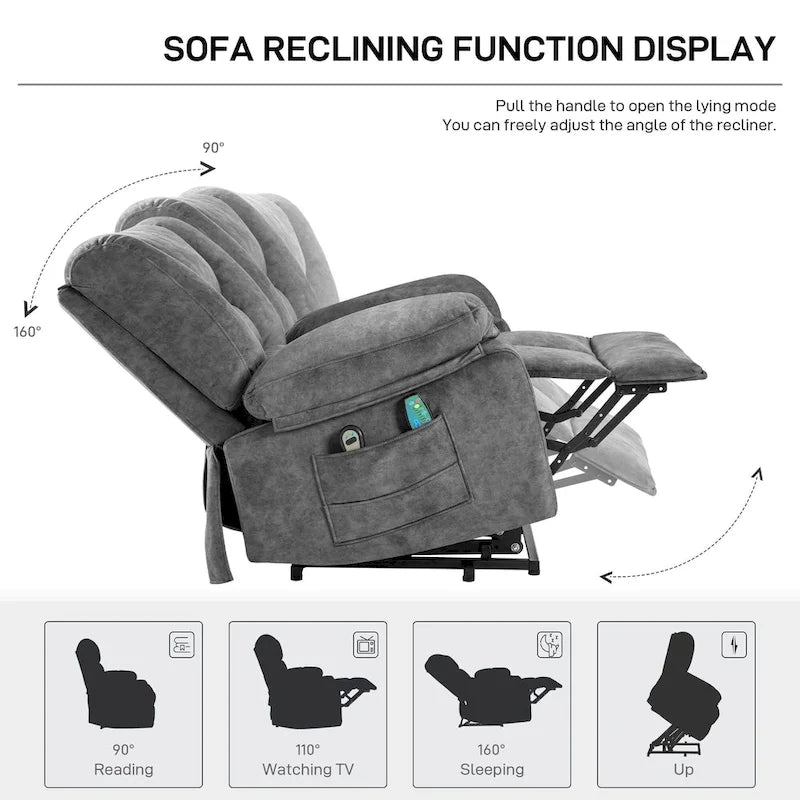 Fauteuil releveur électrique surdimensionné en velours avec massage, chauffage et poches