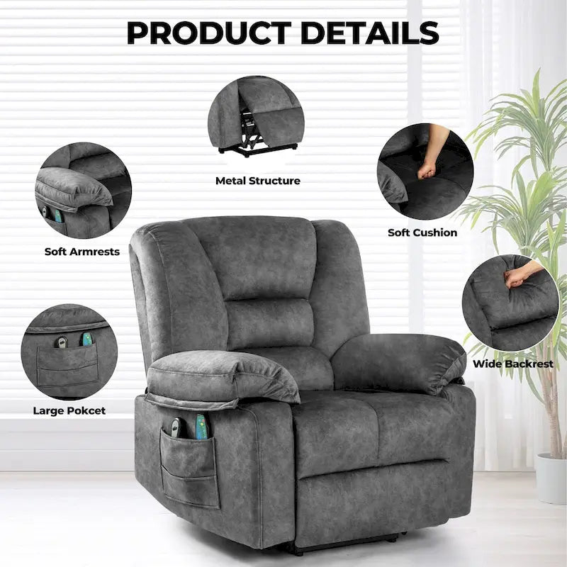 Fauteuil releveur électrique surdimensionné en velours avec massage, chauffage et poches