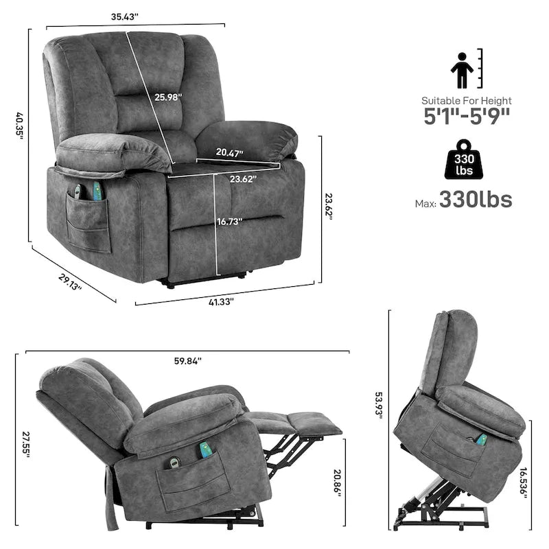 Fauteuil releveur électrique surdimensionné en velours avec massage, chauffage et poches