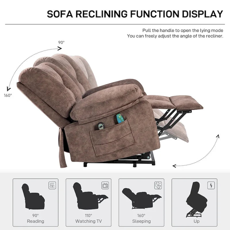 Fauteuil releveur électrique surdimensionné en velours avec massage, chauffage et poches