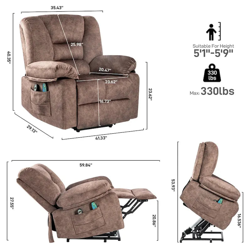 Fauteuil releveur électrique surdimensionné en velours avec massage, chauffage et poches