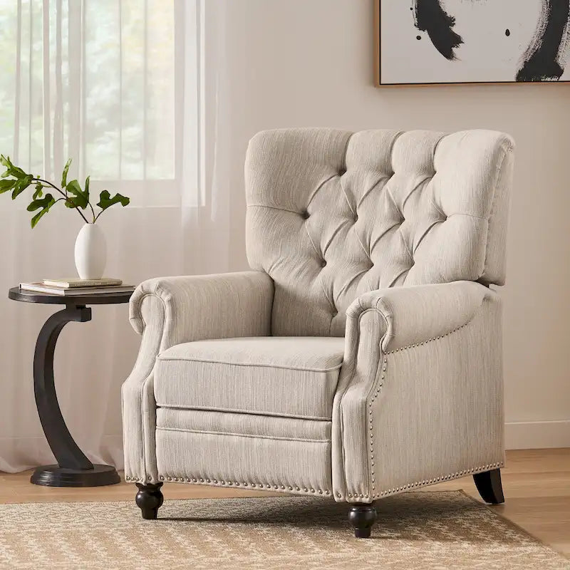 Fauteuil inclinable à bascule arrière, repose-pieds, dossier à boutons, clous décoratifs