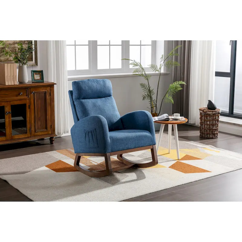 Chaise berçante rembourrée bleue 27 po avec pieds en bois et poche latérale pratique