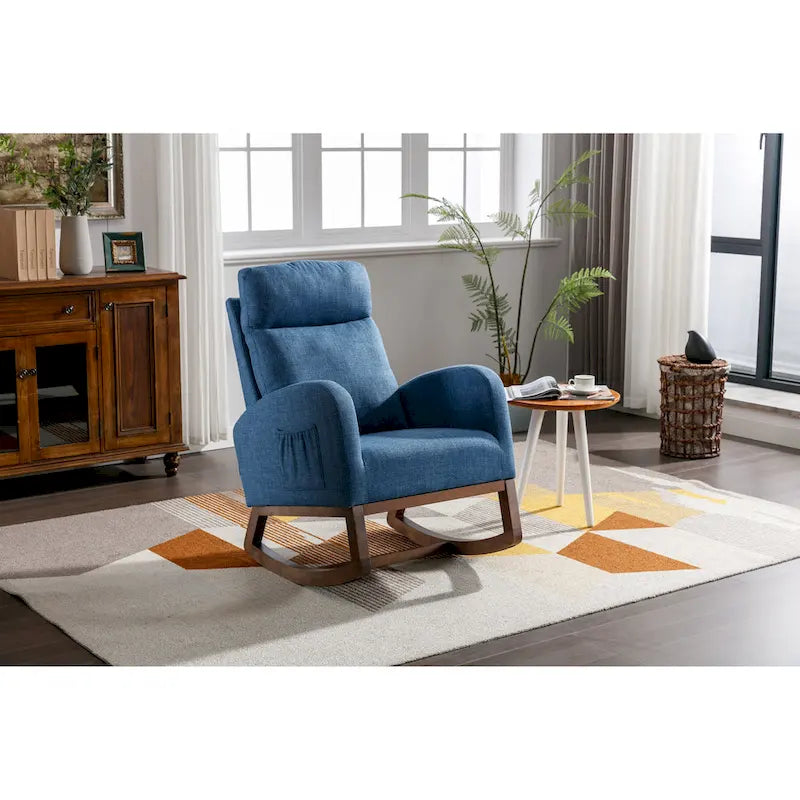 Chaise berçante rembourrée bleue 27 po avec pieds en bois et poche latérale pratique