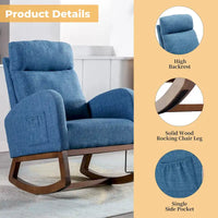 Chaise berçante rembourrée bleue 27 po avec pieds en bois et poche latérale pratique