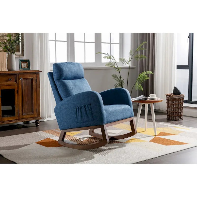 Chaise berçante rembourrée bleue 27 po avec pieds en bois et poche latérale pratique