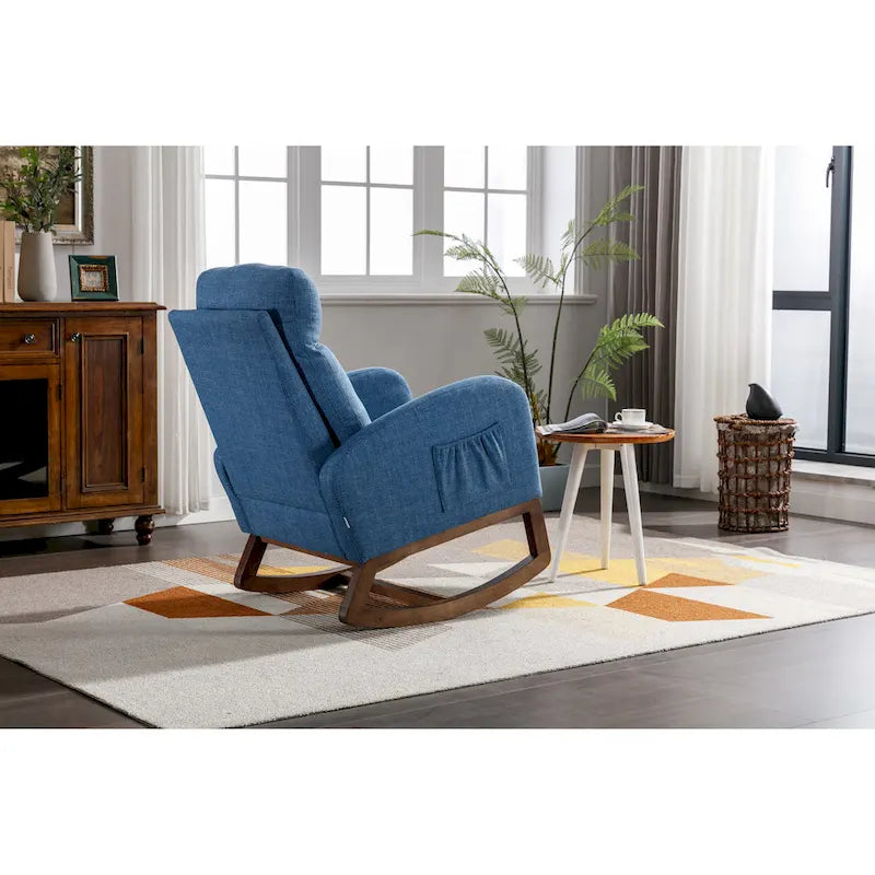 Chaise berçante rembourrée bleue 27 po avec pieds en bois et poche latérale pratique
